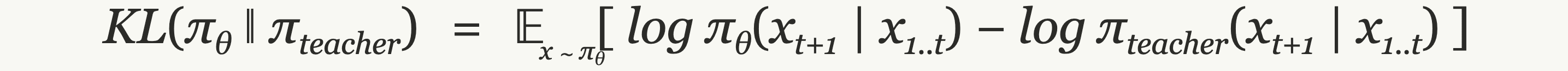 Per-token reverse-KL loss: KL(pi_theta || pi_teacher) = expectation over x sampled from pi_theta of log pi_theta minus log pi_teacher for the next token.