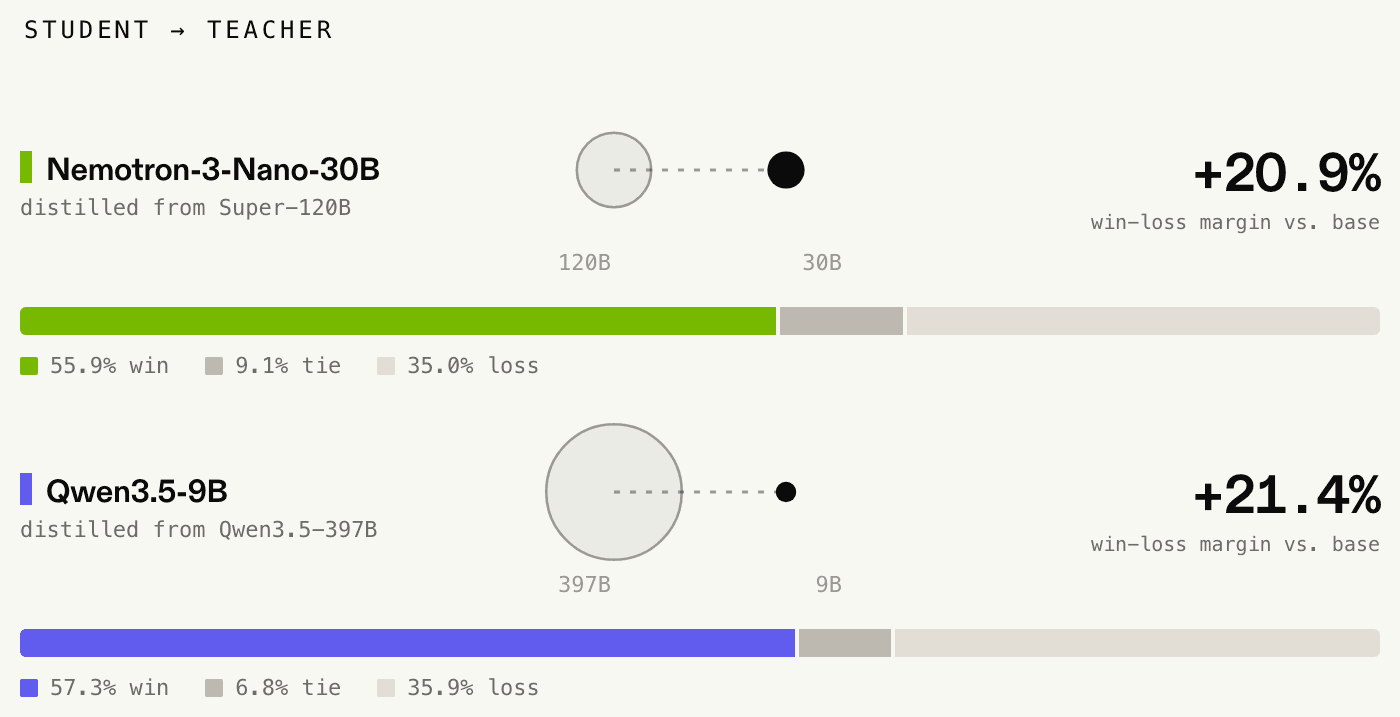Paired task outcomes: of 220 GDPval task pairs, the distilled Nemotron model beats base on 123, ties on 20, and loses on 77 (55.9% win, 9.1% tie, 35.0% loss, +20.9% net margin); the distilled Qwen model wins 126, ties 15, loses 79 (57.3% win, 6.8% tie, 35.9% loss, +21.4% net margin).